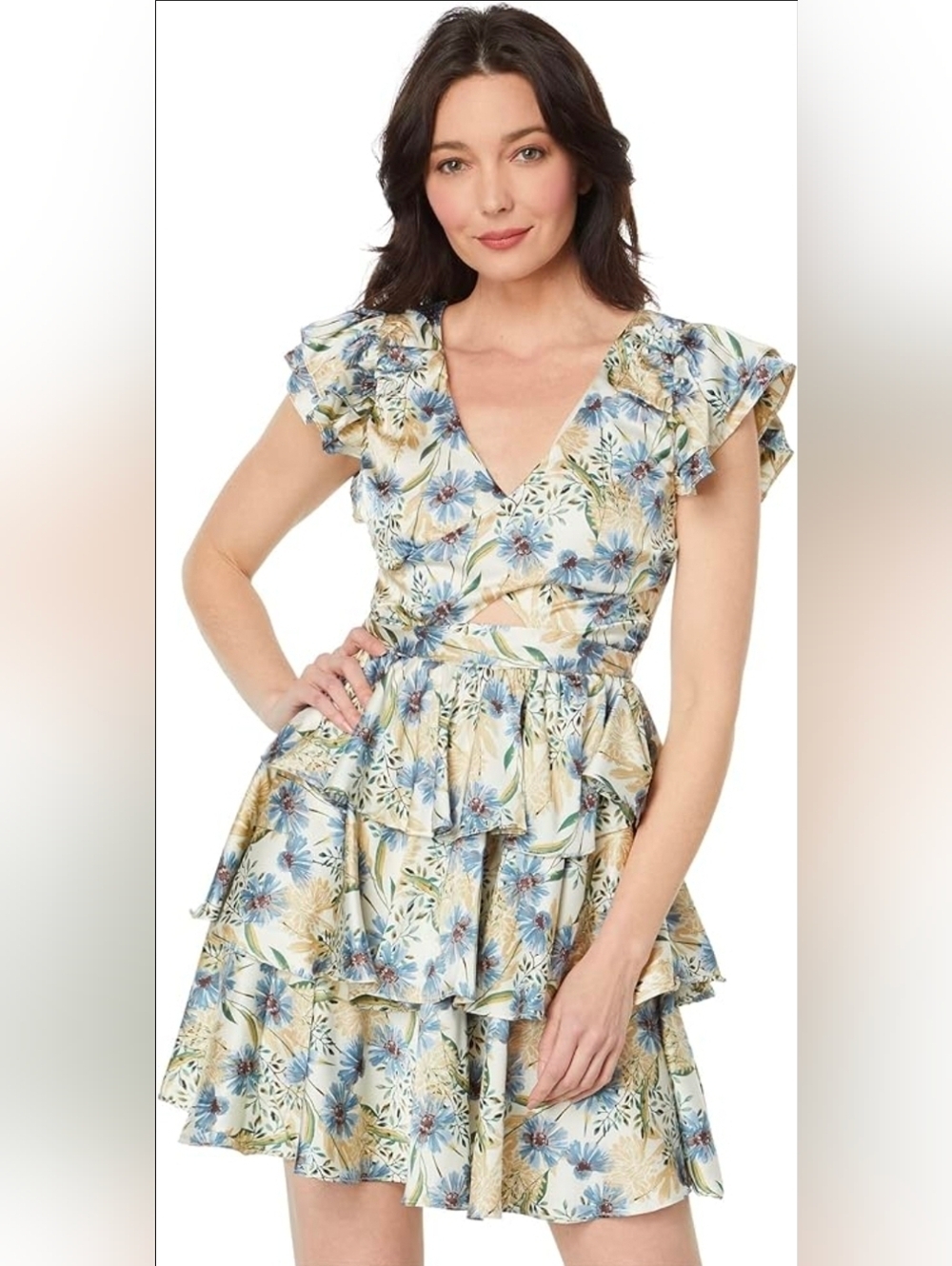 NWT! En Saison, Dahlia Floral Tiered Cap Sleeve Back Cutout Minidress, MSRP $162 - Picture 2 of 8